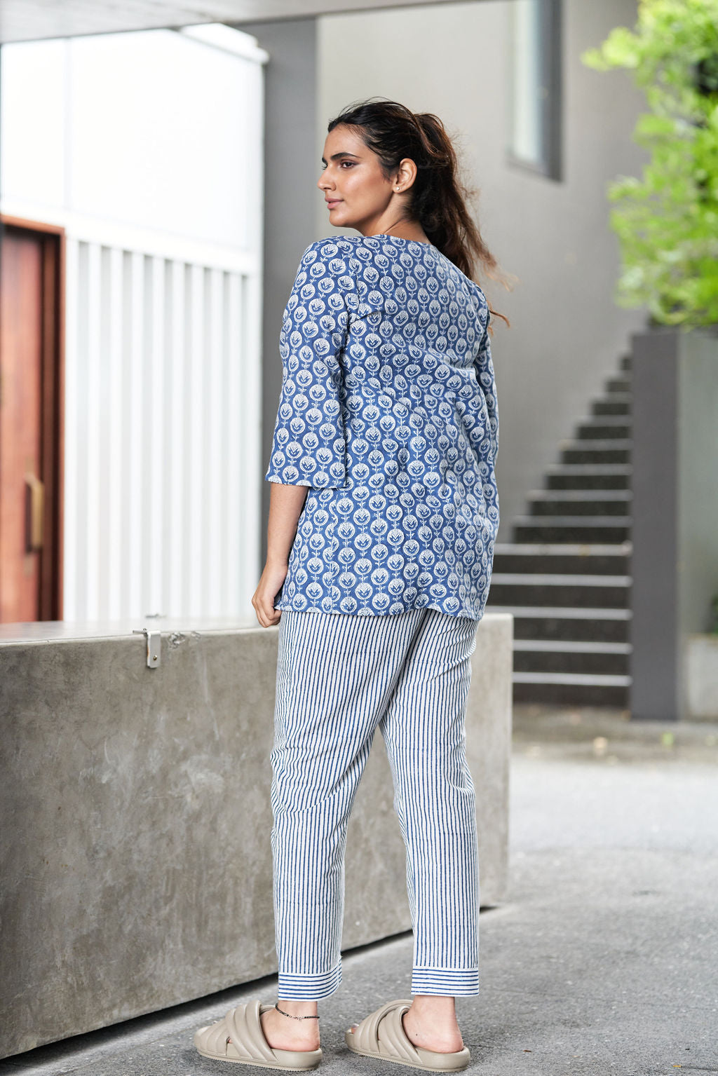 Blue and White Block Printed Cotton Top with Shrug and Pants - Ellora