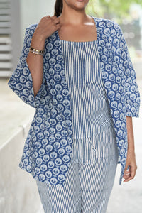 Blue and White Block Printed Cotton Top with Shrug and Pants - Ellora