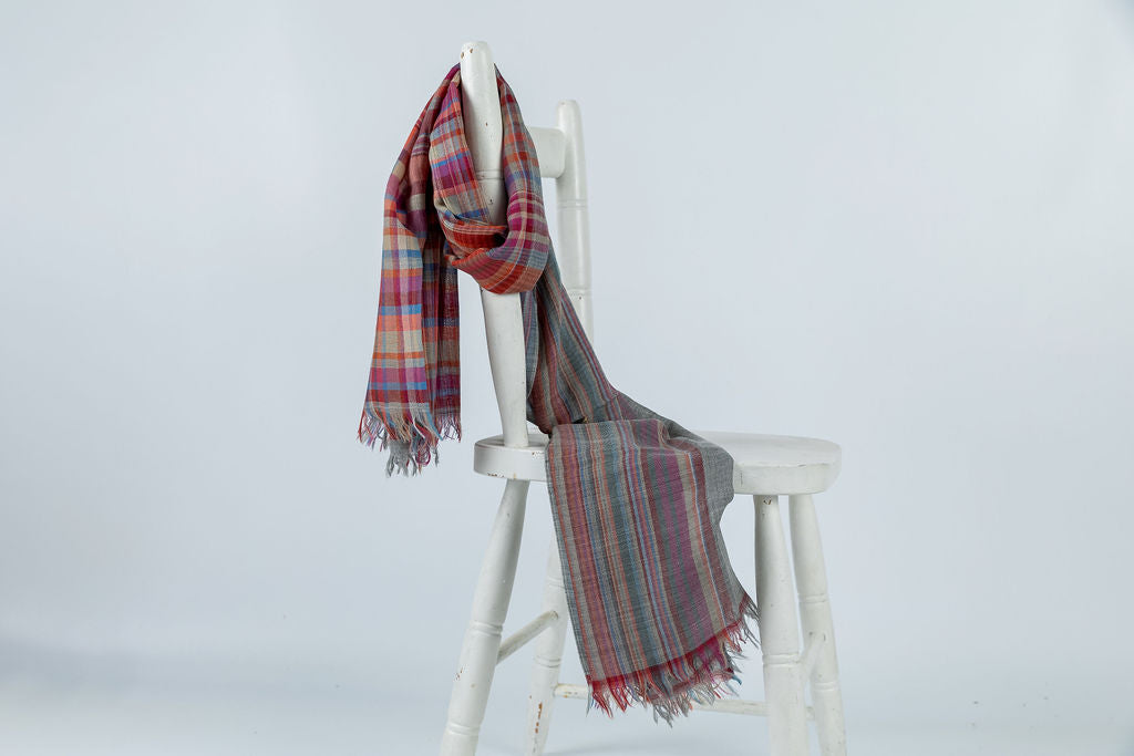 Woollen Scarves in Classic Grey and Red Checkered Stripes - Attires