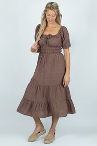 Wave Crest Tiered Midi Dress in Brown - Attires