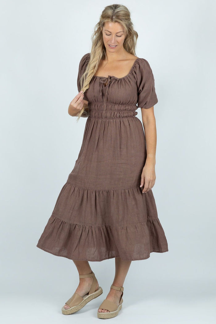 Wave Crest Tiered Midi Dress in Brown - Attires