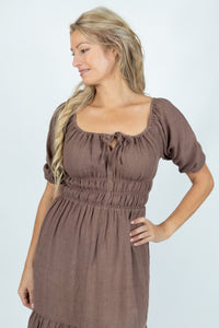 Wave Crest Tiered Midi Dress in Brown - Attires