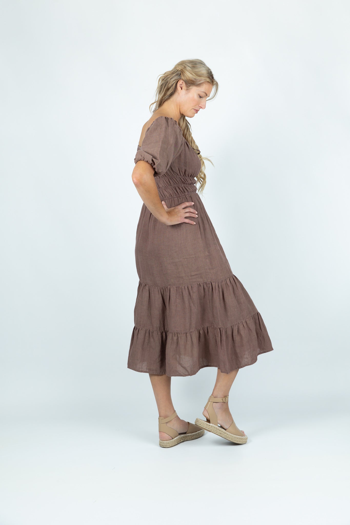 Wave Crest Tiered Midi Dress in Brown