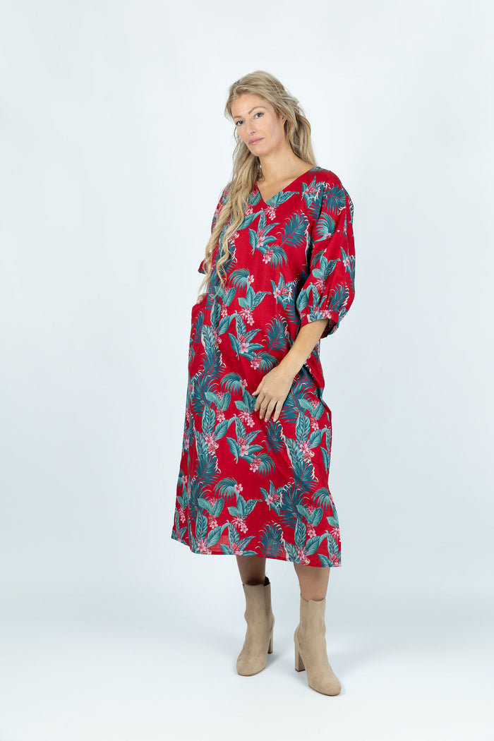 Red Tropical Paradise Casual Linen Dress - Attires