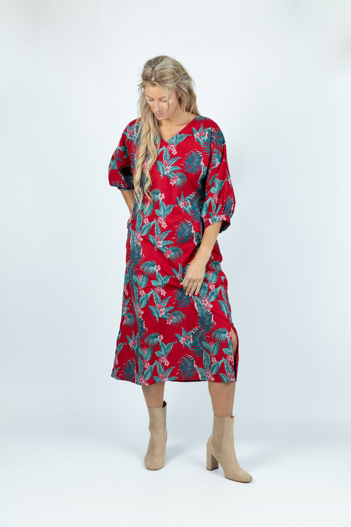 Red Tropical Paradise Casual Linen Dress - Attires