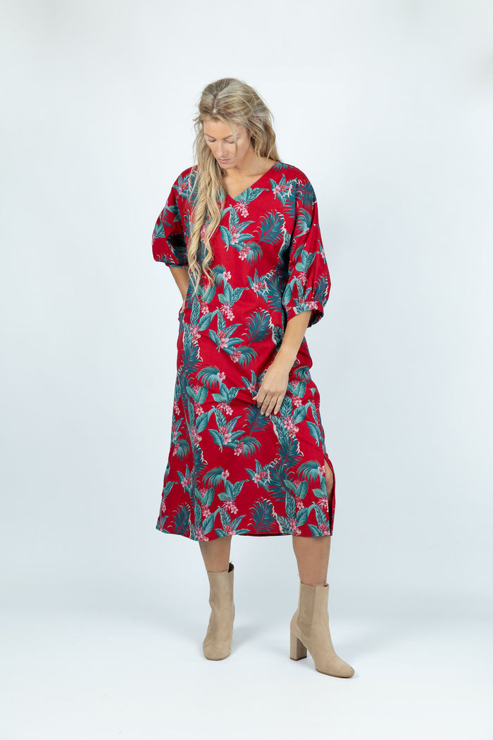 Red Tropical Paradise Casual Linen Dress - Ellora
