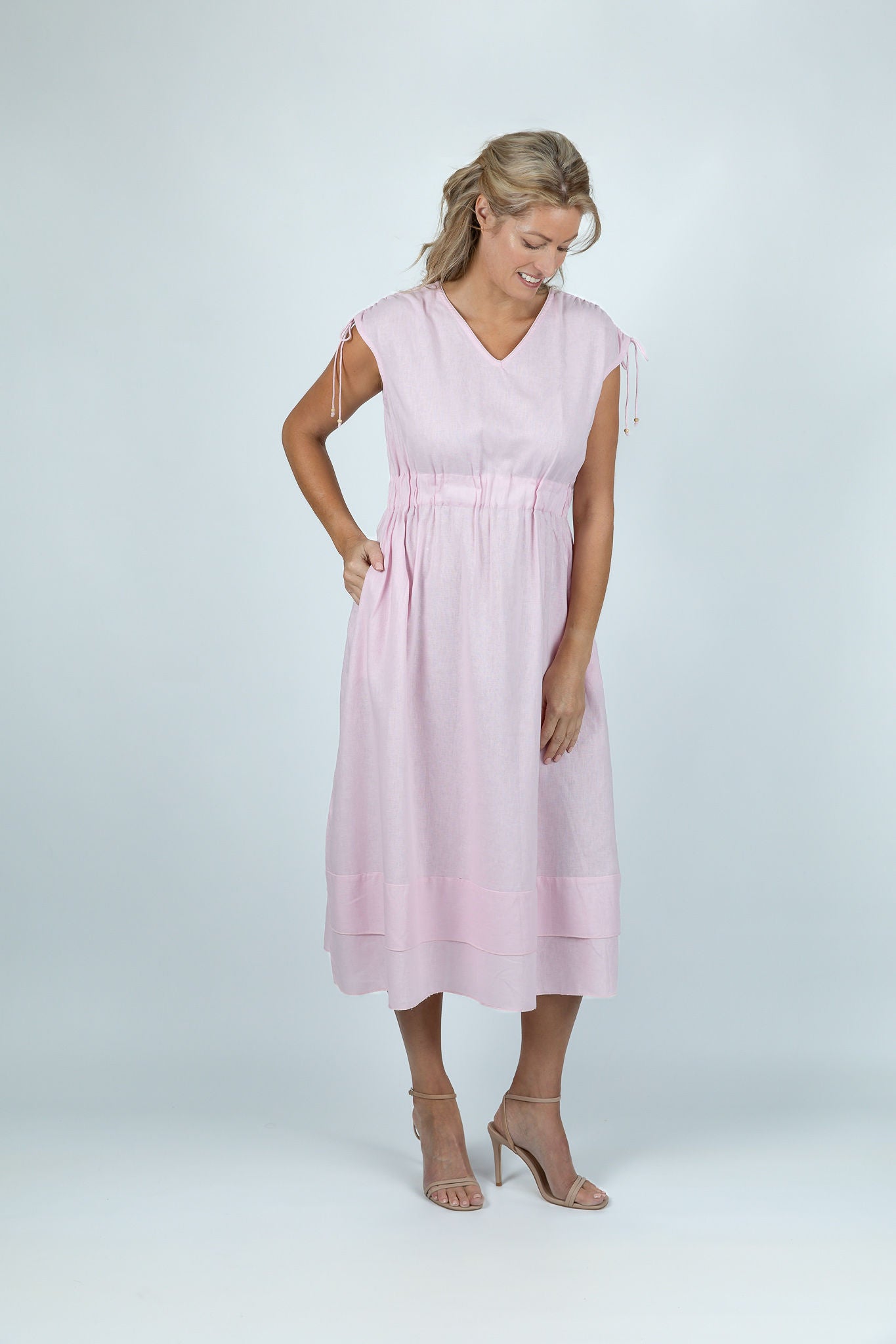 Pastel Pink Gathered Linen Dress - Attires
