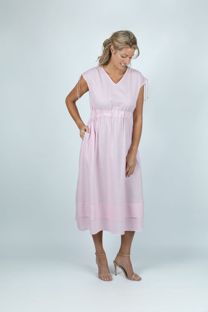 Pastel Pink Gathered Linen Dress - Ellora