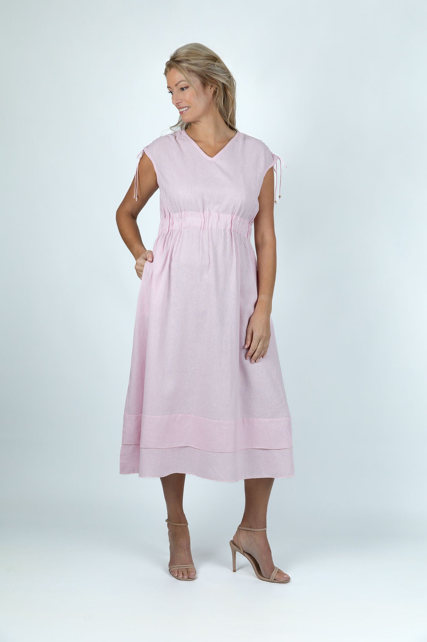 Pastel Pink Gathered Linen Dress - Attires
