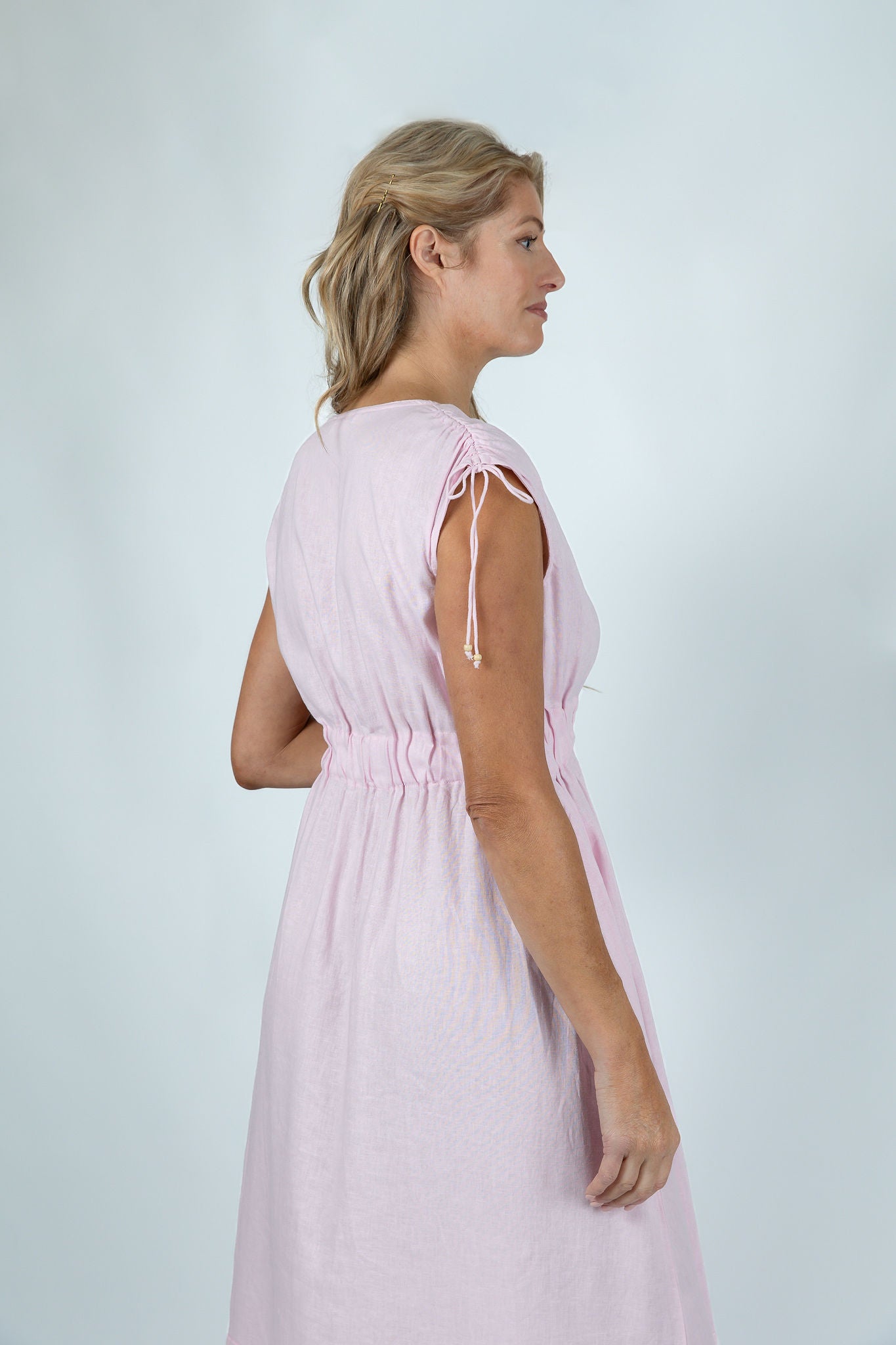 Pastel Pink Gathered Linen Dress - Attires