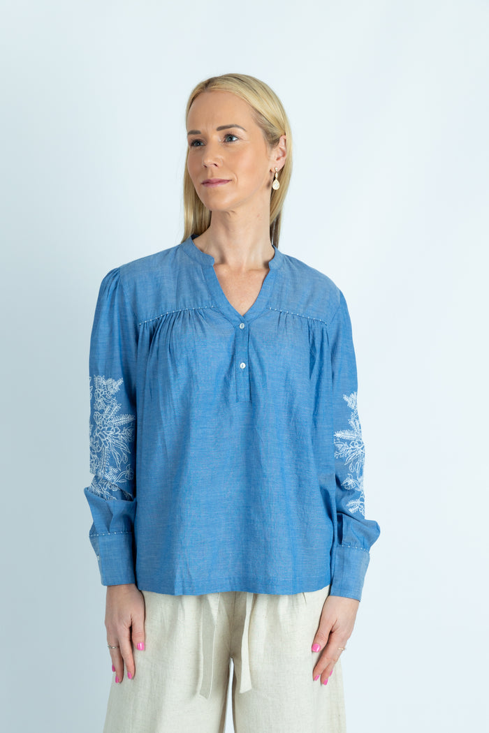 Celine Blue embroidered organic cotton Chambray top - Ellora