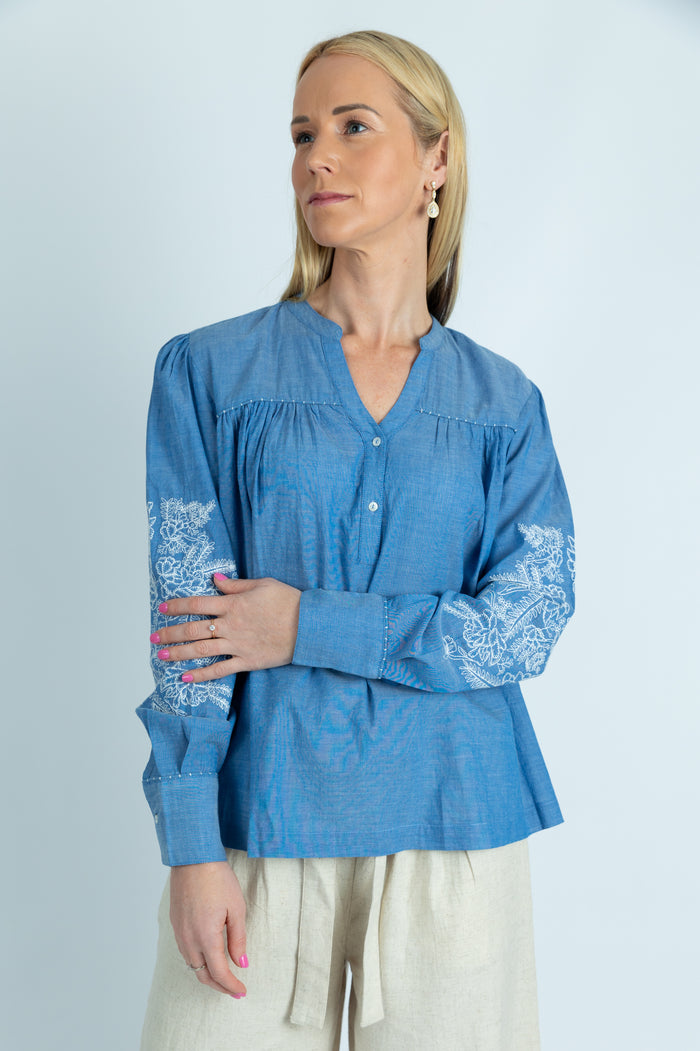 Celine Blue embroidered organic cotton Chambray top - Ellora