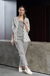 Black and White Block Printed Cotton Top with Shrug and Pants - Attires