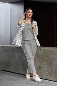 Black and White Block Printed Cotton Top with Shrug and Pants - Attires