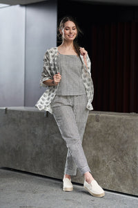 Black and White Block Printed Cotton Top with Shrug and Pants - Attires