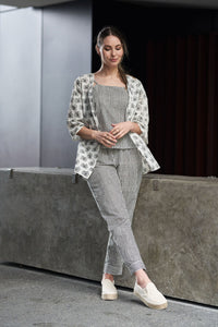 Black and White Block Printed Cotton Top with Shrug and Pants - Attires