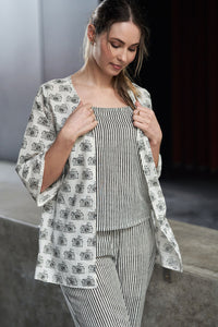 Black and White Block Printed Cotton Top with Shrug and Pants - Attires