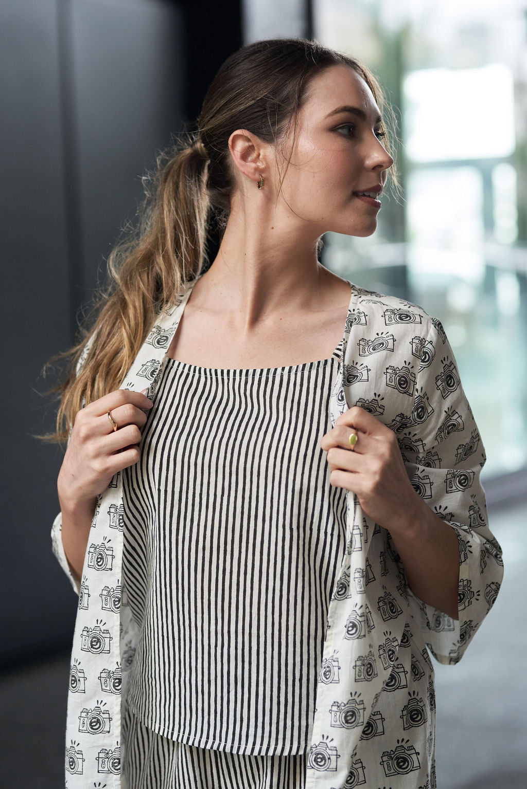 Black and White Block Printed Cotton Top with Shrug and Pants - Attires
