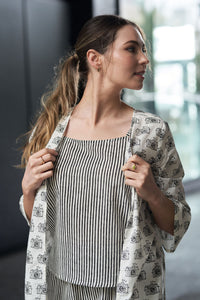 Black and White Block Printed Cotton Top with Shrug and Pants - Attires