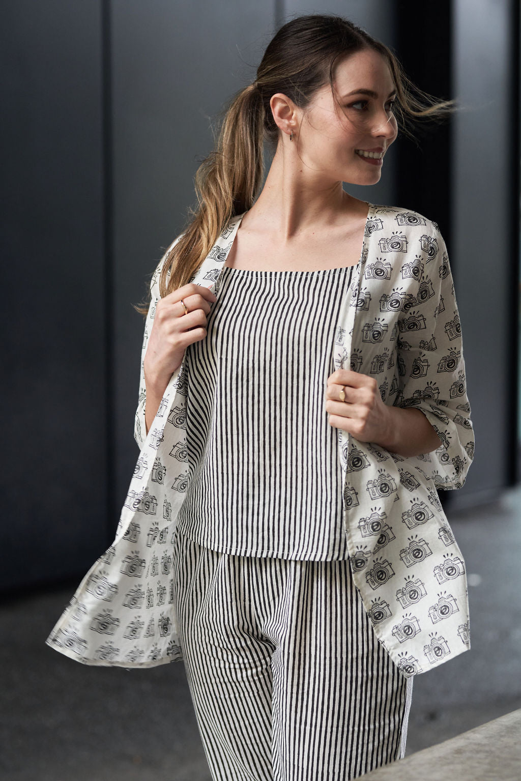 Black and White Block Printed Cotton Top with Shrug and Pants - Attires