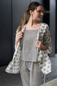 Black and White Block Printed Cotton Top with Shrug and Pants - Attires
