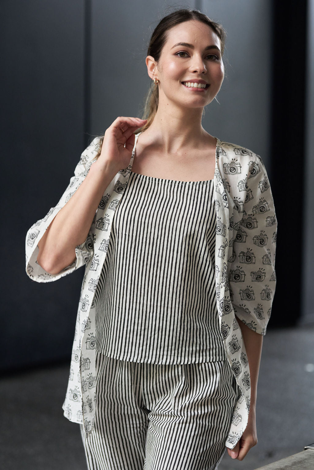 Black and White Block Printed Cotton Top with Shrug and Pants - Attires