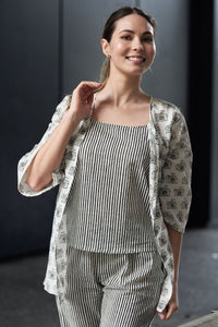 Black and White Block Printed Cotton Top with Shrug and Pants - Attires