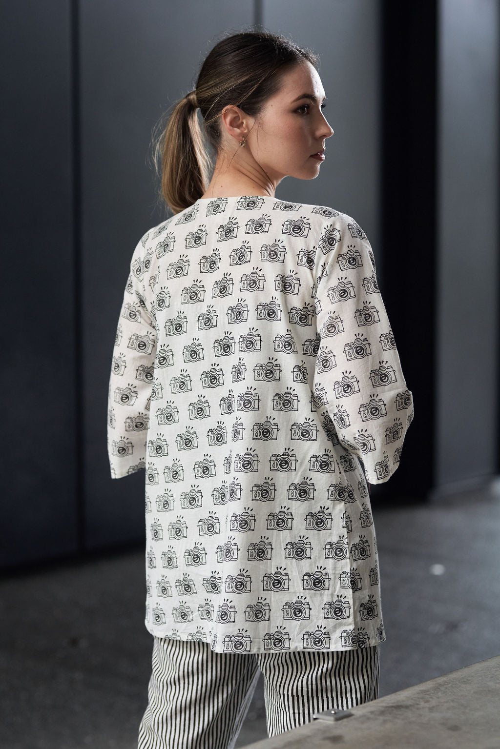 Black and White Block Printed Cotton Top with Shrug and Pants - Attires