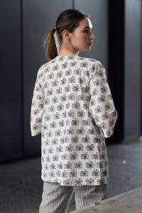 Black and White Block Printed Cotton Top with Shrug and Pants - Attires