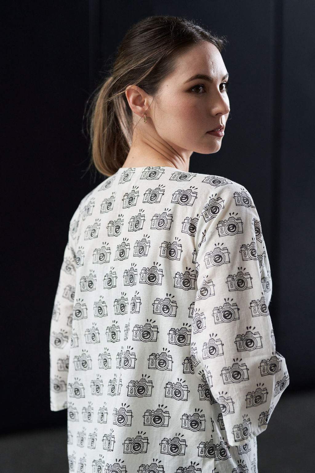 Black and White Block Printed Cotton Top with Shrug and Pants - Attires