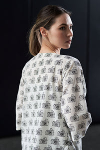Black and White Block Printed Cotton Top with Shrug and Pants - Attires