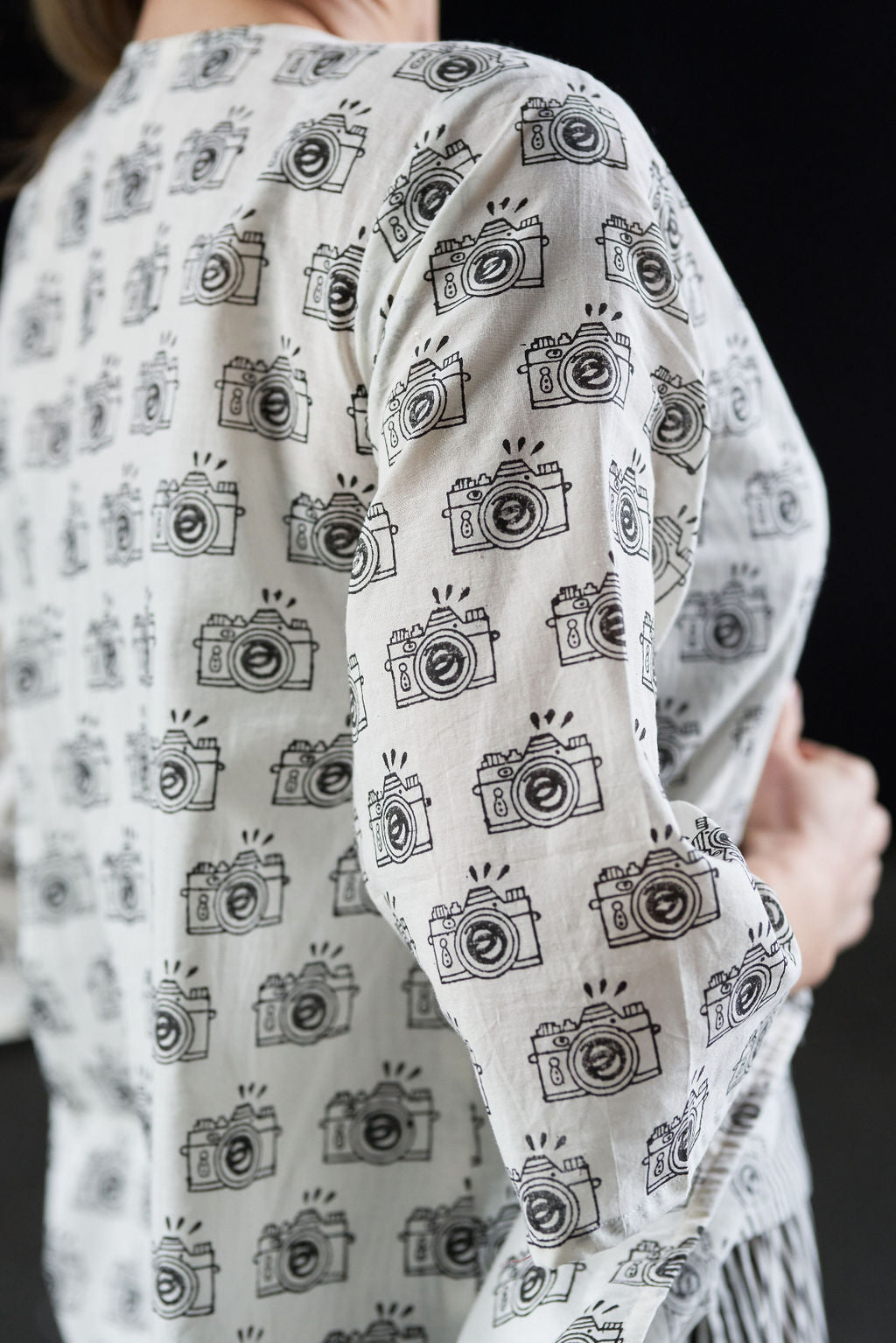 Black and White Block Printed Cotton Top with Shrug and Pants - Attires