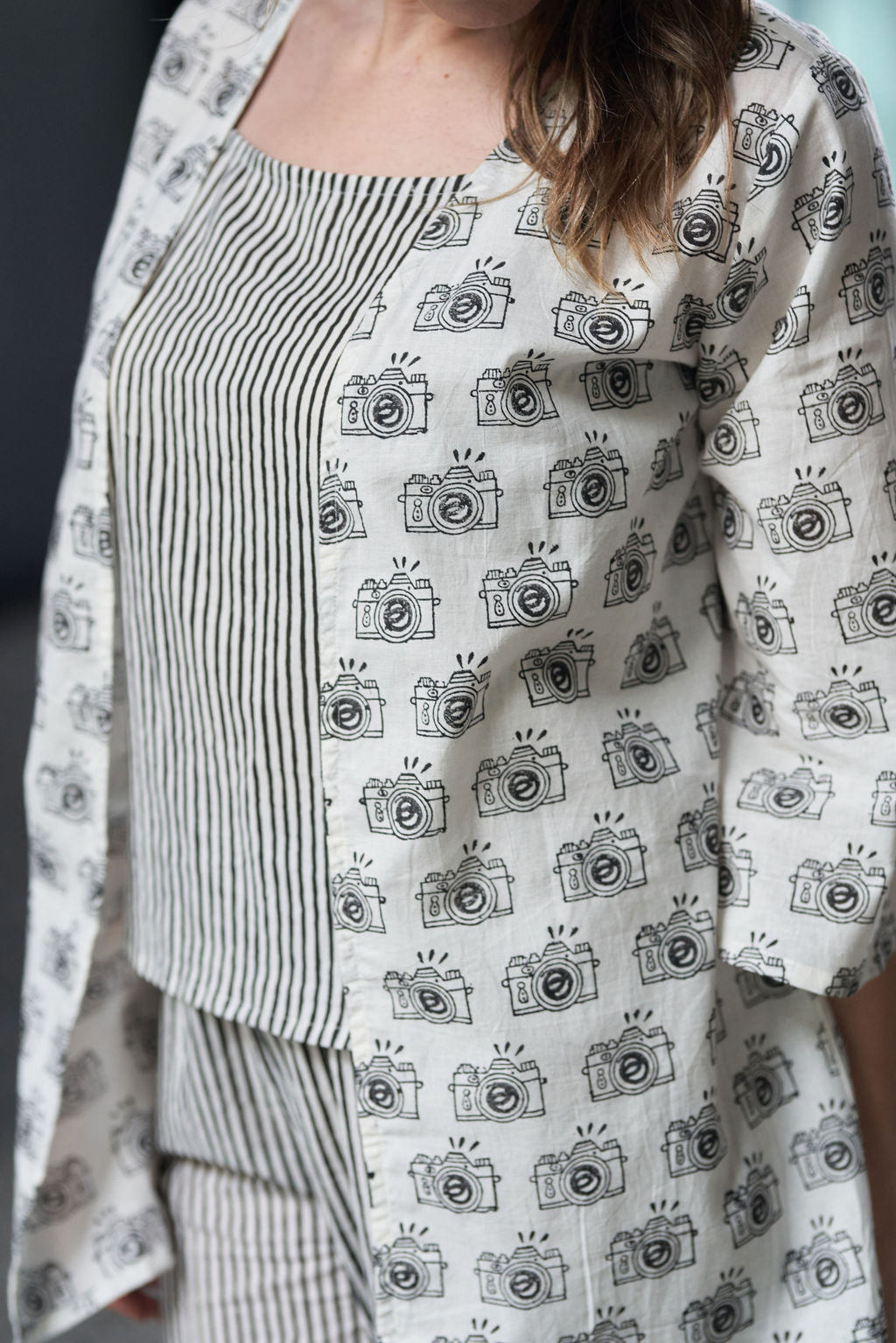 Black and White Block Printed Cotton Top with Shrug and Pants - Attires