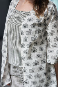 Black and White Block Printed Cotton Top with Shrug and Pants - Attires
