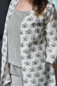 Black and White Block Printed Cotton Top with Shrug and Pants - Attires