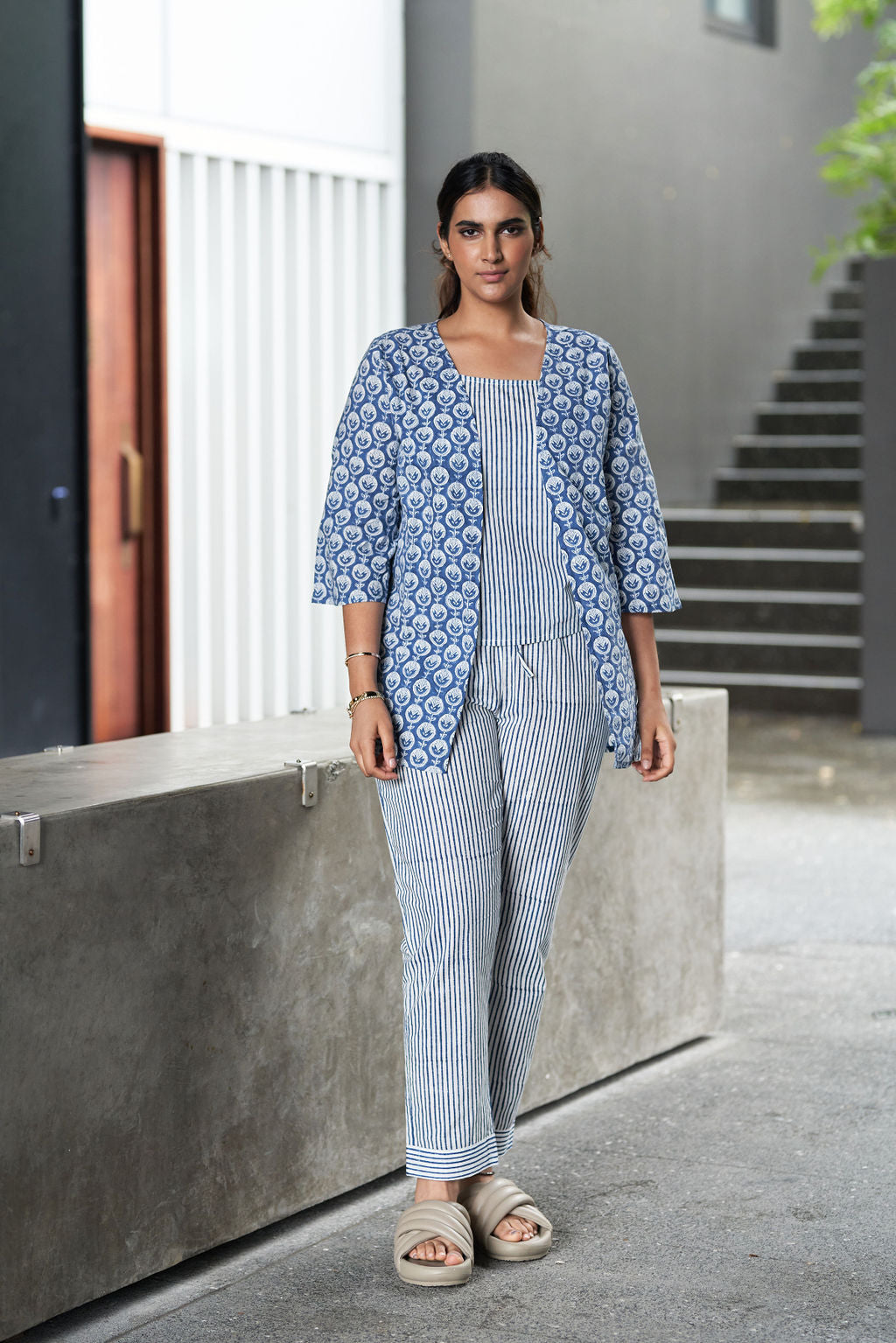 Blue and White Block Printed Cotton Top with Shrug and Pants - Attires