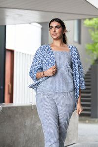 Blue and White Block Printed Cotton Top with Shrug and Pants - Attires