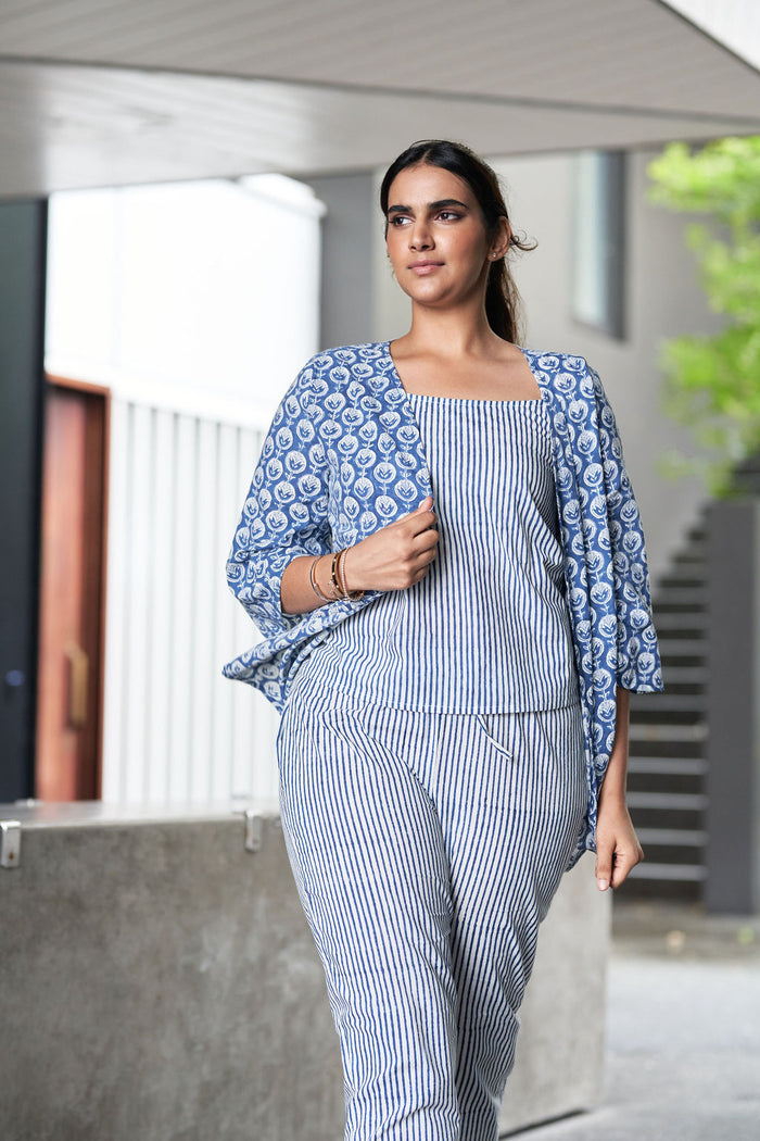 Blue and White Block Printed Cotton Top with Shrug and Pants - Ellora