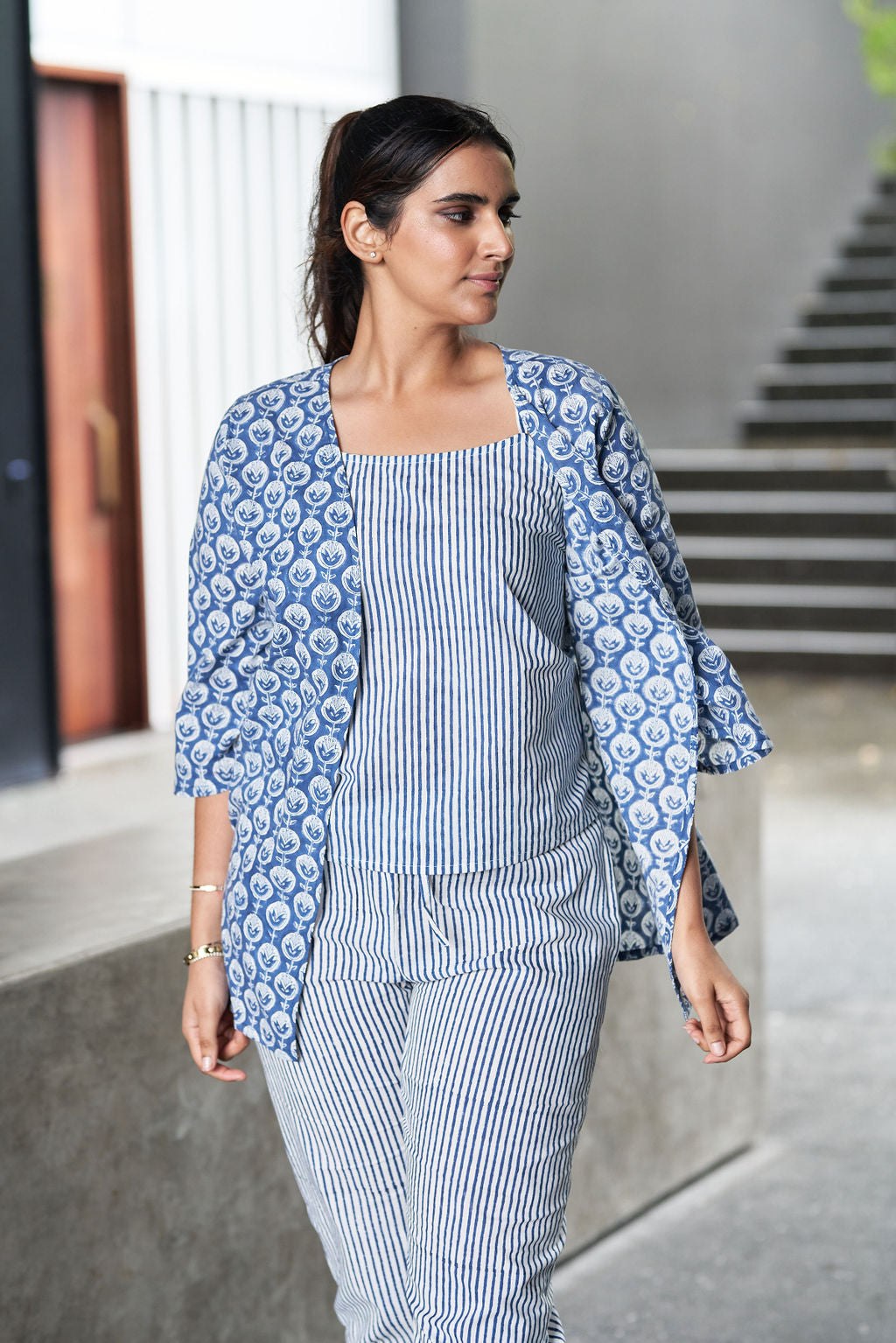 Blue and White Block Printed Cotton Top with Shrug and Pants - Attires