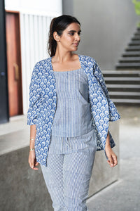 Blue and White Block Printed Cotton Top with Shrug and Pants - Attires