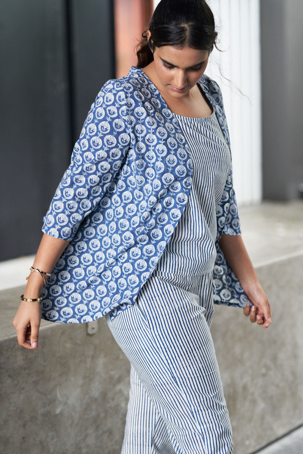 Blue and White Block Printed Cotton Top with Shrug and Pants - Attires