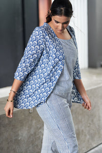 Blue and White Block Printed Cotton Top with Shrug and Pants - Attires