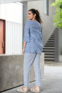 Blue and White Block Printed Cotton Top with Shrug and Pants - Attires