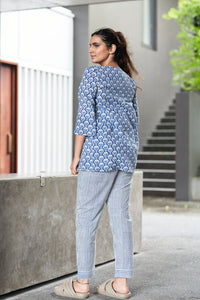Blue and White Block Printed Cotton Top with Shrug and Pants - Attires