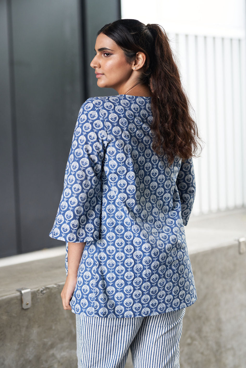 Blue and White Block Printed Cotton Top with Shrug and Pants - Attires