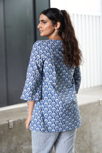 Blue and White Block Printed Cotton Top with Shrug and Pants - Attires