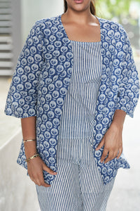 Blue and White Block Printed Cotton Top with Shrug and Pants - Attires