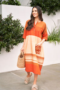 Orange and Peach Straight Cut Cotton Dress - Attires
