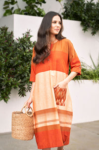 Orange and Peach Straight Cut Cotton Dress - Attires