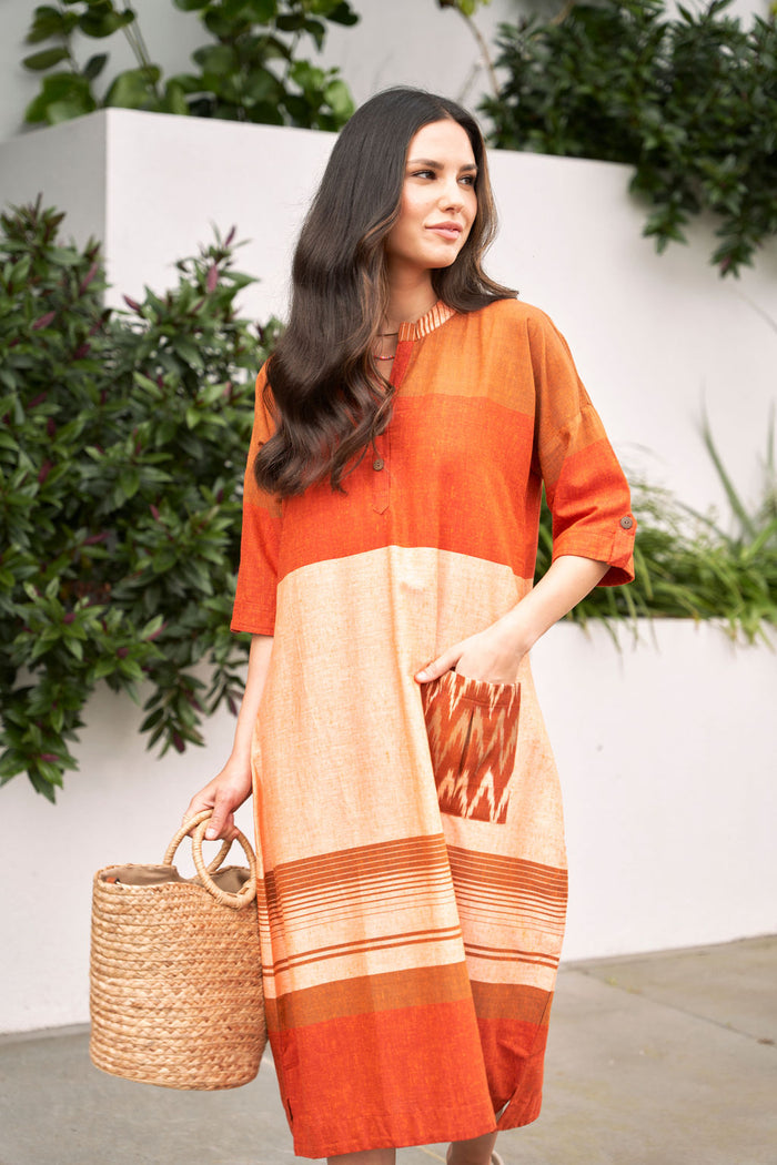 Orange and Peach Straight Cut Cotton Dress - Attires